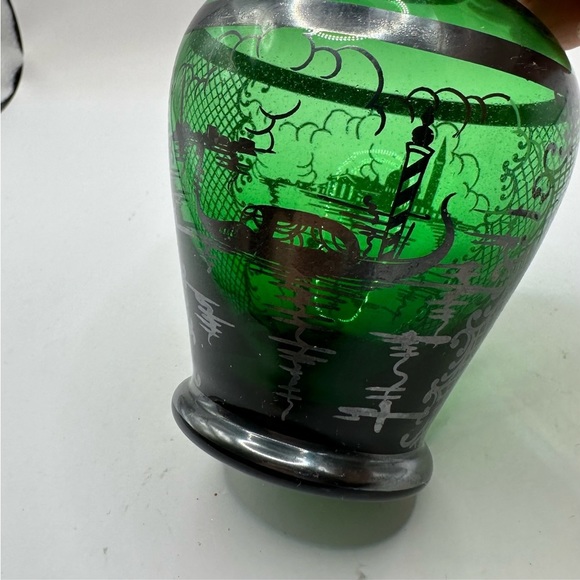 SOLD Green Glass Vase Silver Overlay Hand Painted Venice Scape 4 1/4”H - Picture 4 of 6